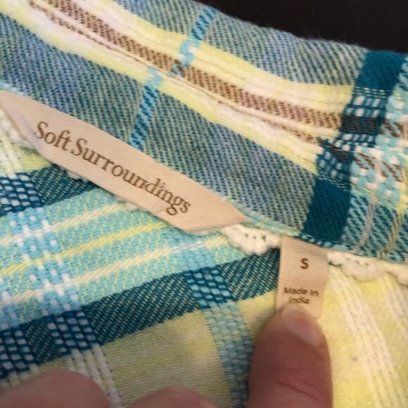 Soft Surroundings white blue yellow plaid flannel button down top size Small - Picture 7 of 15